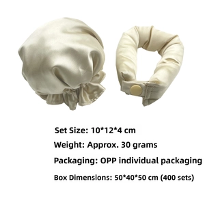 Detail showing cream satin hair cap and bun maker set measuring 10x12x4cm and weighing 30g