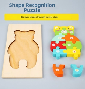 Top view of wooden bear puzzle base with colorful number blocks for early learning