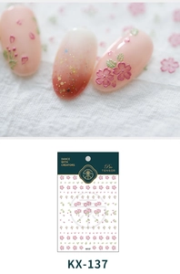 Detail of pink cherry blossom 5D nail decals KX-137 with 3D embossed glitter effect