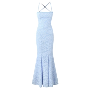 Detailansicht der hellblauen floralen Spitze und Rüschendetails am Meerjungfrau-Kleid