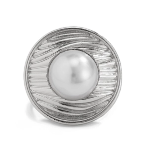 Detailed view of silver open ring with large white pearl and wavy texture
