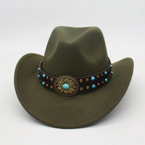 Detail of dark green felt cowboy hat with leather band, turquoise beads, and floral metal buckle