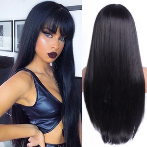 Women Long Straight Synthetic Hair Wig With Flat Bangs Natural Matte Heat Resistant Fiber Full Wig For Daily Party Use