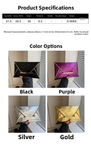 Size chart for envelope clutch bag showing dimensions and four available colors in detail