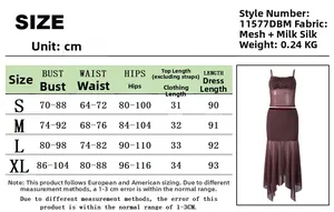 Size guide table for mesh two-piece set including crop top and skirt measurements