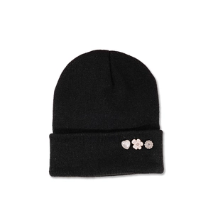 Knitted Beanie Hat Acrylic Warm Winter Cap With Heart Flower Rhinestone Decorative Buttons Fashionable For Women