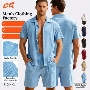 Men Casual Shirt And Shorts Textured Vertical Stripe Button Down Short Sleeve Top Drawstring Bottom Summer Beach Vacation