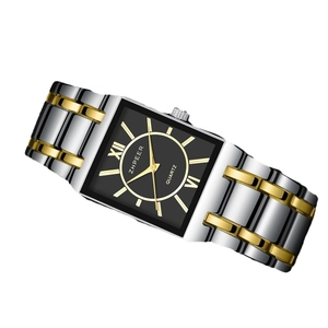 Square quartz watch for men with black dial and two-tone silver gold bracelet strap