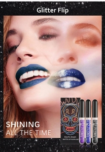 Detail of glitter flip matte lip gloss effect on lips from the dark punk style makeup set