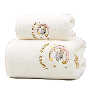 Plush cream coral fleece bath towel set with moon rabbit embroidery and soft texture