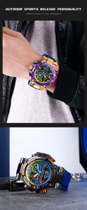 Close-up of dual-display sports watch with 50M waterproof rating and blue silicone strap