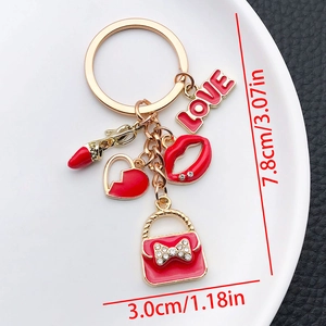 Portachiavi con Ciondolo a Forma di Cuore Rosso Labbra Borsa in Lega di Zinco Dorato Smaltato Love per Donna Regalo di San Valentino