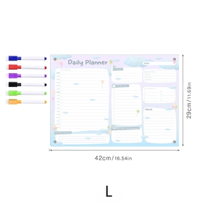 Detailed view of large acrylic weekly planner board with six colorful dry erase markers