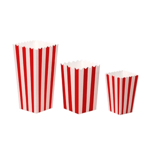 Classic red and white striped paper popcorn buckets in three sizes on white background