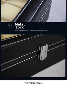 Detail of premium silver metal buckle and white stitching on black faux leather watch box