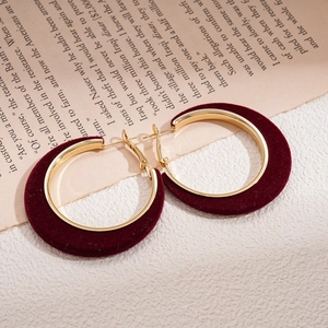 Vintage 18K gold plated hoop earrings with burgundy velvet flocking in retro style
