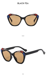 Front and side view of cat-eye glasses with multicolor accents and tea-colored lenses