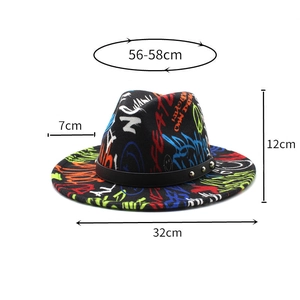 Graffiti print wool fedora hat with punk style silver rivets and wide brim design
