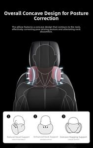Ergonomic black leather car neck pillow showing memory foam support and head fitment details