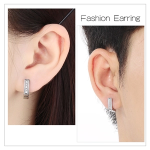 Polished silver stainless steel square hoop earrings with cubic zirconia for men and women