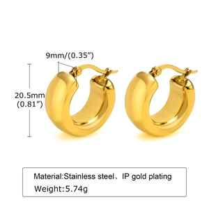 Detailed view of hollow gold hoop earrings with dimensions and material specifications