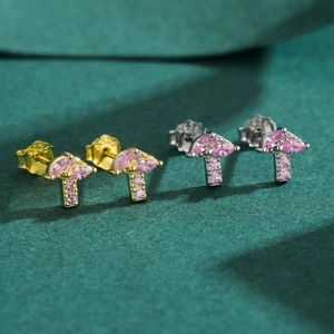 Cute S925 sterling silver mushroom stud earrings with pink crystal in gold and silver finish