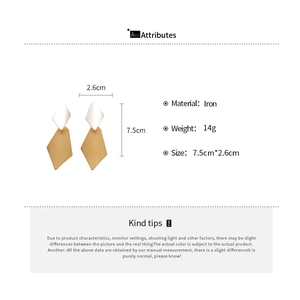 Detail view of geometric drop earrings showing 7.5cm size and iron material specs