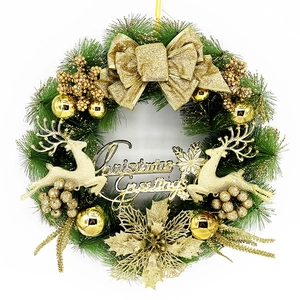 40cm Christmas wreath with green pine needles, golden reindeer, and Merry Christmas sign