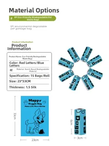 Detail showing thick biodegradable EPI pet poop bags with cartoon print and size specifications