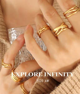 Detailed view of layered gold-plated C-shaped cross rings worn as a stylish fashion stack