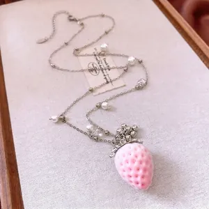 Pink velvet strawberry pendant necklace with pearls and silver chain for women