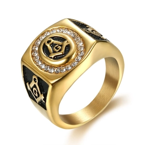 Masonic Signet Ring Stainless Steel Gold Tone Enamel Rhinestone Vintage Jewelry For Men