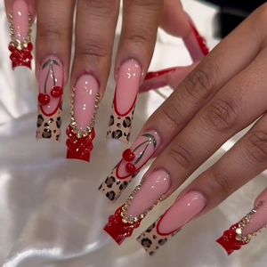 Red French Coffin Press On Nails Long Leopard Print With 3D Cherry Rhinestones Bow Resin Artificial Fingernails For Women