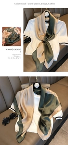 Detailed view of elegant tri-color silk scarf in dark green, beige and coffee brown tones