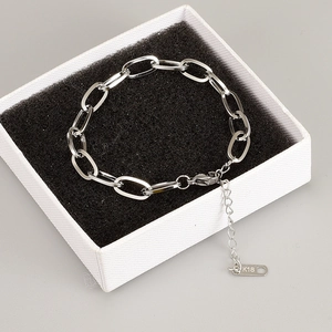 Detailed macro of the silver paperclip chain bracelet with K18 tag and lobster clasp closure
