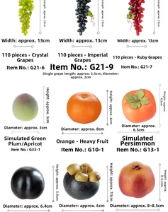 Detailed grid of realistic artificial fruits including grapes, oranges and pomegranates