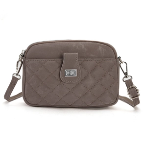 Brown quilted crossbody cell phone bag with silver metal lock and adjustable strap