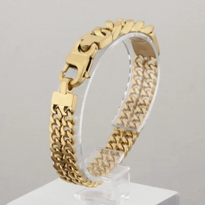 Bracelet double chaîne en acier inoxydable doré pour homme avec fermoir à emboîtement