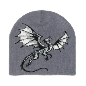 Grey knitted beanie with a black and white flying dragon motif for winter warmth
