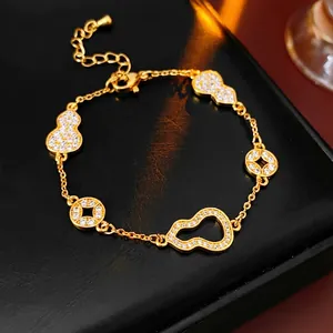 New Chinese Style Gourd Wu Lou Coin Charm Bracelet Gold Plated Copper With Zircon Vintage Luxury Jewelry For Women