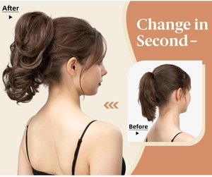 Before and after comparison showing the volume boost of the curly brown ponytail hairpiece