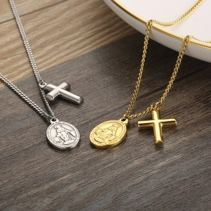 Religious Medal And Cross Pendant Necklace Stainless Steel Gold Plated Miraculous Saint Benedict Jewelry For Women