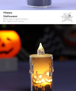 Close-up of Halloween LED candle light featuring spooky pumpkin and graveyard silhouettes