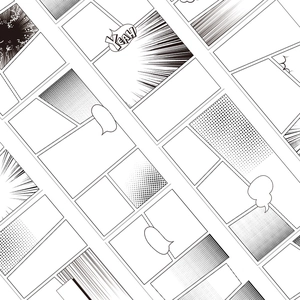 Detailed view of monochrome manga panel stickers with diverse comic layout designs