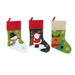Lot de 3 chaussettes de Noël en lin avec broderies Père Noël, bonhomme et renne