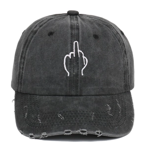 Vintage black washed baseball cap with distressed brim and middle finger embroidery