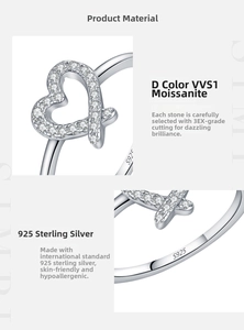 Macro detail of S925 sterling silver stamp and D color VVS1 heart moissanite ring
