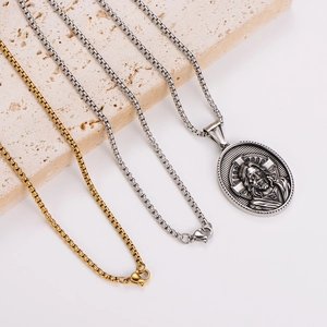 Vintage Jesus portrait oval pendant necklaces in gold and silver steel on stone base