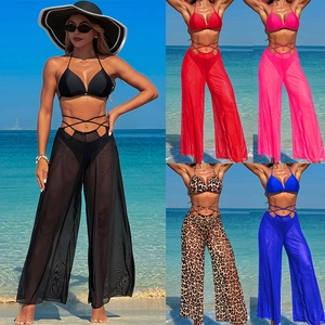 Three-piece bikini set with high-waist mesh cover-up pants for women beach vacation