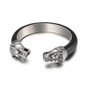 Punk style wolf head open cuff bracelet in vintage silver stainless steel and black leather